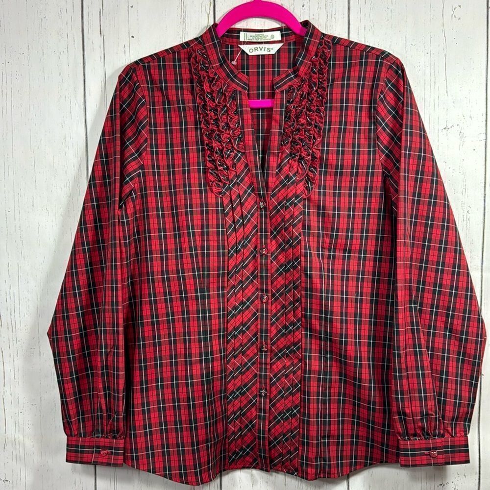 Orvis Red Plaid Ruffle Button Down Shirt Size 10 Preppy Festive Cottagecore